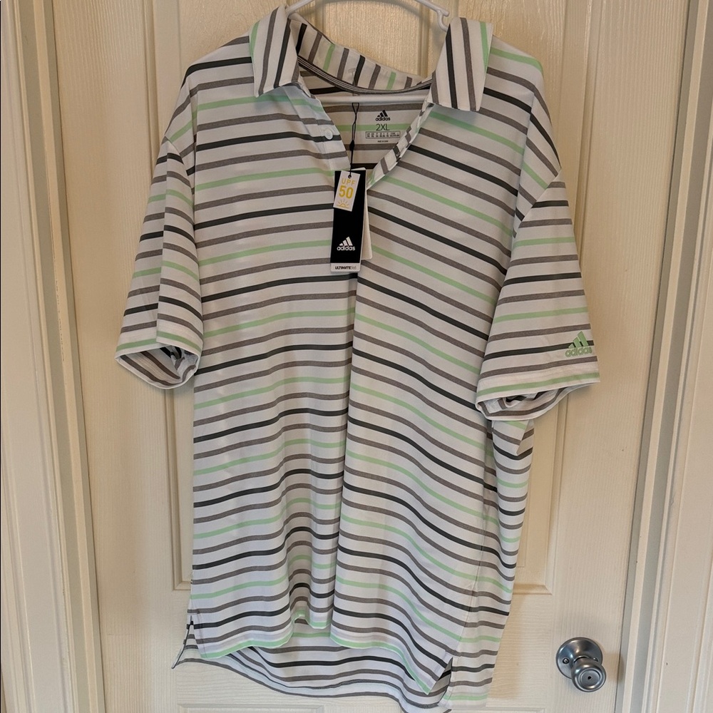Adidas Men's Polo Shirt - White, Black, and Green Stripes UPF 50. XXL